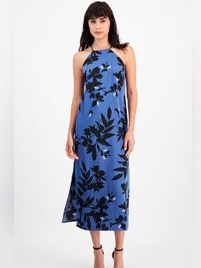 Anne Klein Royal Blue Halter Midi Dress with Black Floral Print